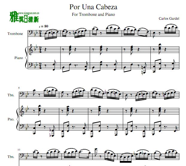 Por Una Cabeza 一步之遥钢琴长号二重奏谱