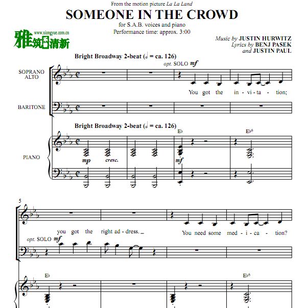 Someone in the Crowd SAB三声部合唱谱钢琴伴奏谱