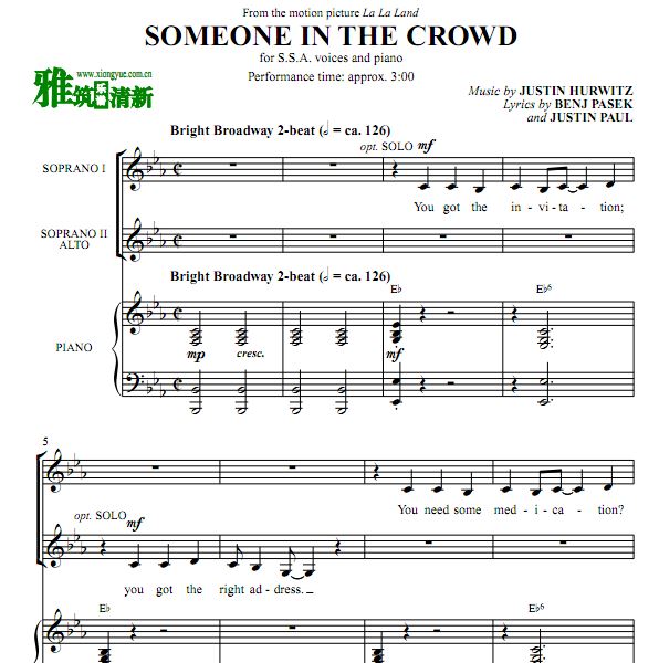 Someone in the Crowd SSA三声部合唱谱钢琴伴奏谱