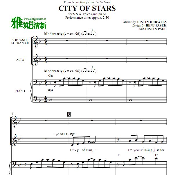 爱乐之城 City of Stars 三声部SSA合唱谱钢琴伴奏谱