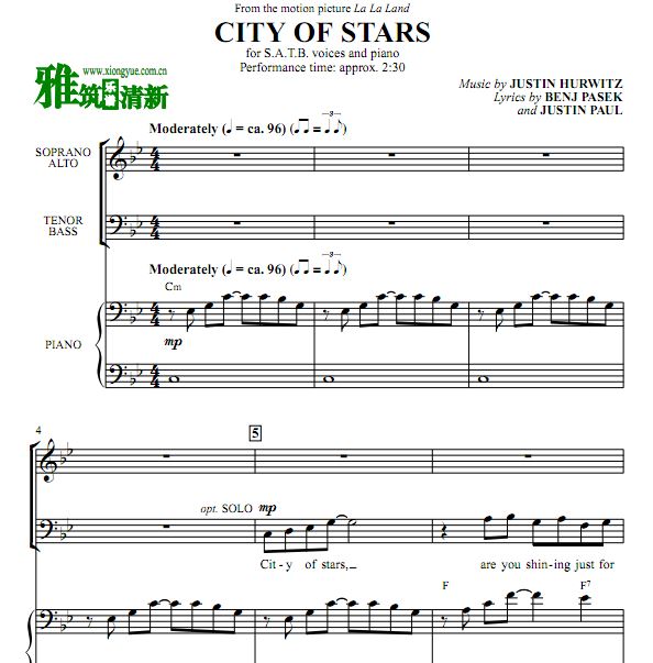 爱乐之城 City of Stars SATB四声部合唱钢琴伴奏谱