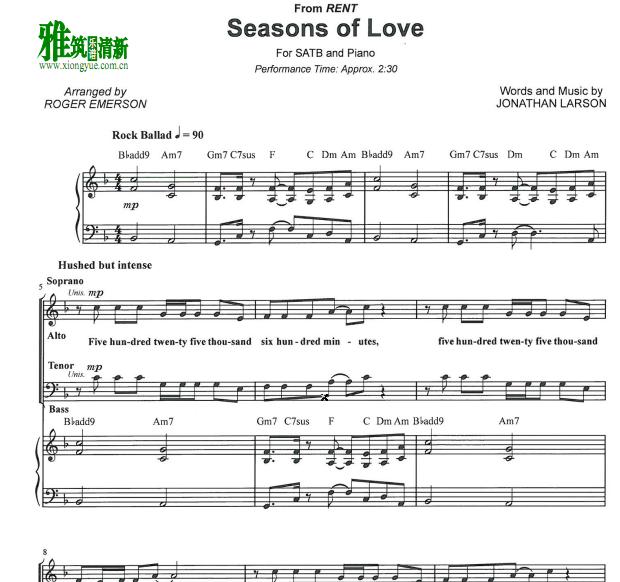 seasons of love 四声部SATB合唱钢琴伴奏谱