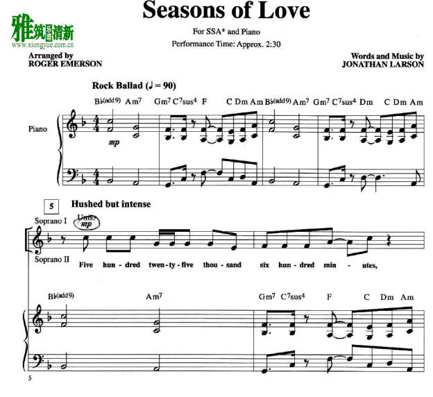 seasons of love 三声部合唱钢琴伴奏谱 SSA
