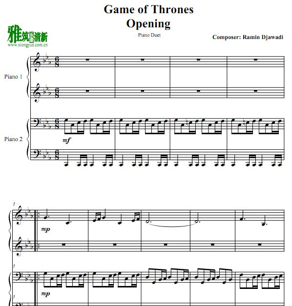 权力的游戏 Game of Thrones 主题曲四手联弹钢琴谱