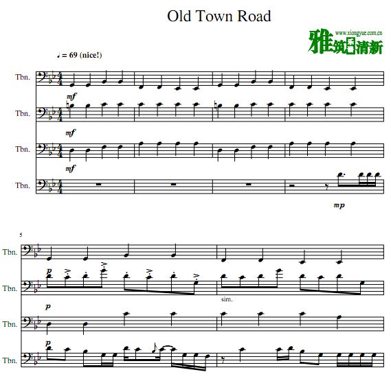 Old Town Road长号四重奏总谱 分谱