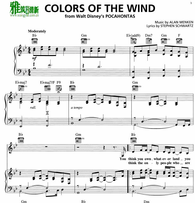 Colors of The Wind钢琴弹唱谱