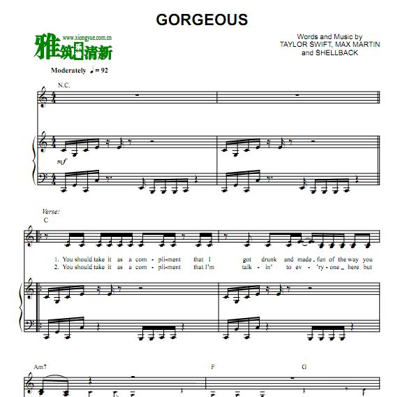 Taylor Swift - Gorgeous 歌谱 钢琴伴奏谱