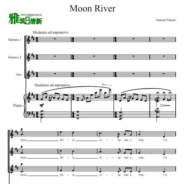 Moon River三声部SSA合唱钢琴伴奏谱 