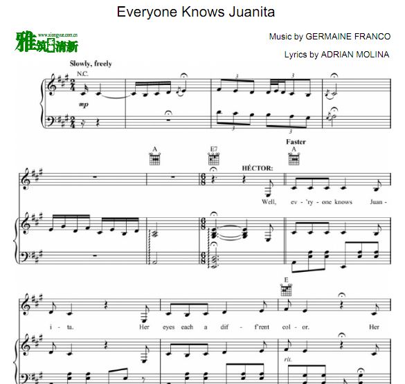 Coco - Everyone Knows Juanita声乐谱钢琴谱