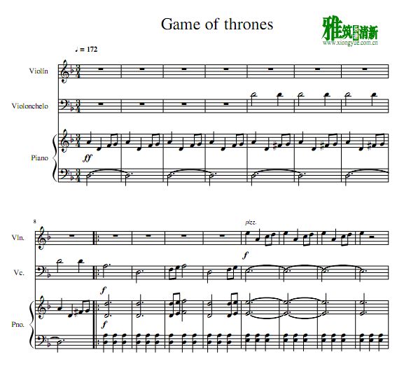权力的游戏 Game of Thrones 小提琴大提琴钢琴三重奏谱