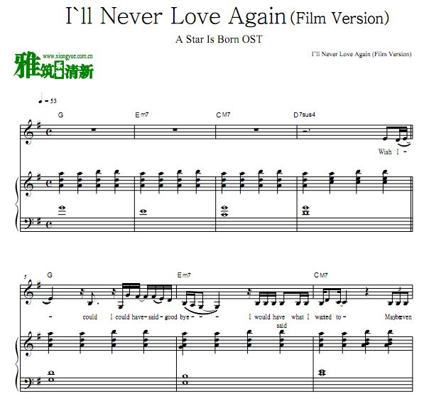 Lady GaGa, Bradley Cooper - I'll Never Love Again (Film Version) 伴奏钢琴谱