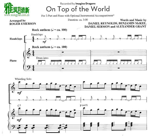 On Top of the World 2声部合唱钢琴伴奏谱