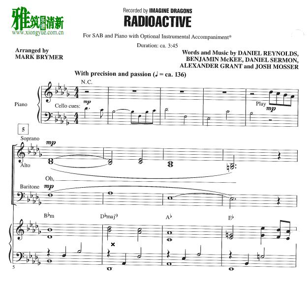 Imagine Dragons - Radioactive 2声部合唱钢琴伴奏谱