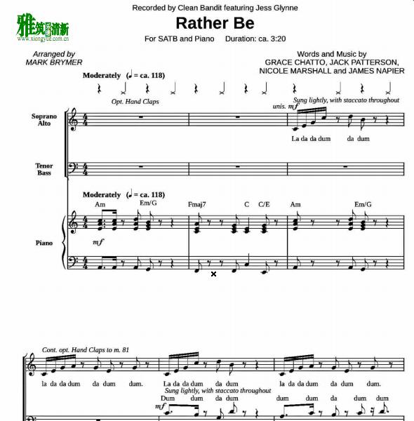 Rather Be四声部合唱钢琴伴奏谱