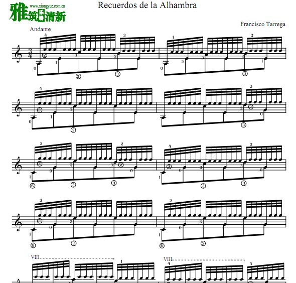 F.Tarrega塔尔雷加 recuerdos de la alhambra吉他谱