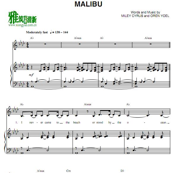 MILEY CYRUS - MALIBU钢琴伴奏谱