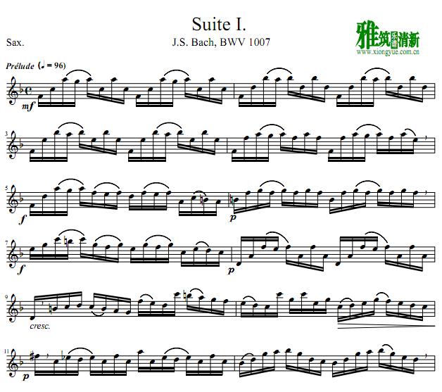 巴赫G大调第一无伴奏大提琴组曲  BWV 1007前奏曲萨克斯谱