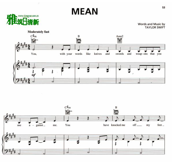 Taylor Swift - Mean 弹唱钢琴谱