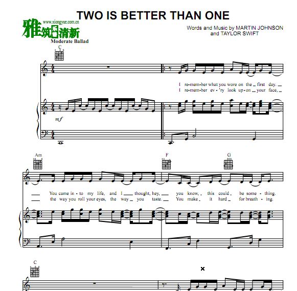 Boys Like Girls featuring Taylor Swift-Two Is Better Than One钢琴伴奏谱