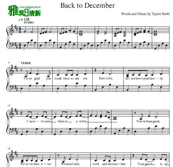 Taylor Swift - Back to December 钢琴谱