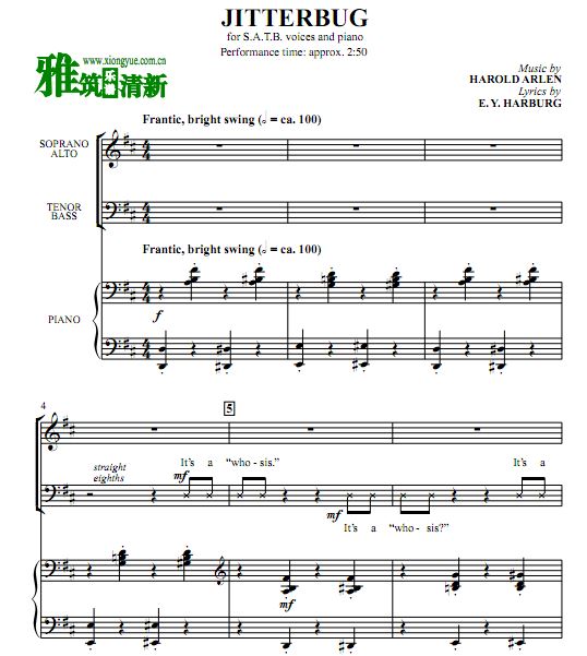 Jitterbug 吉特巴 SATB四声部合唱钢琴伴奏谱