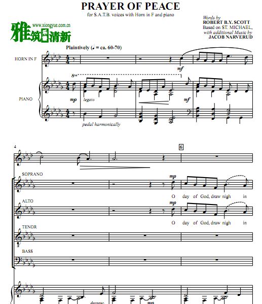 Prayer of Peace SATB四声部合唱谱圆号钢琴伴奏谱