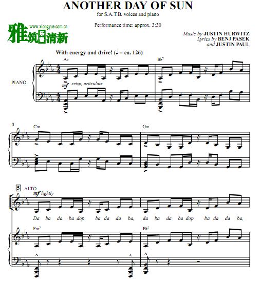 la la land合唱谱 Another Day of Sun SATB四声部合唱谱钢琴伴奏谱 