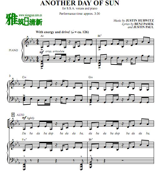 La La Land - Another Day of Sun SSA三声部合唱谱钢琴伴奏谱