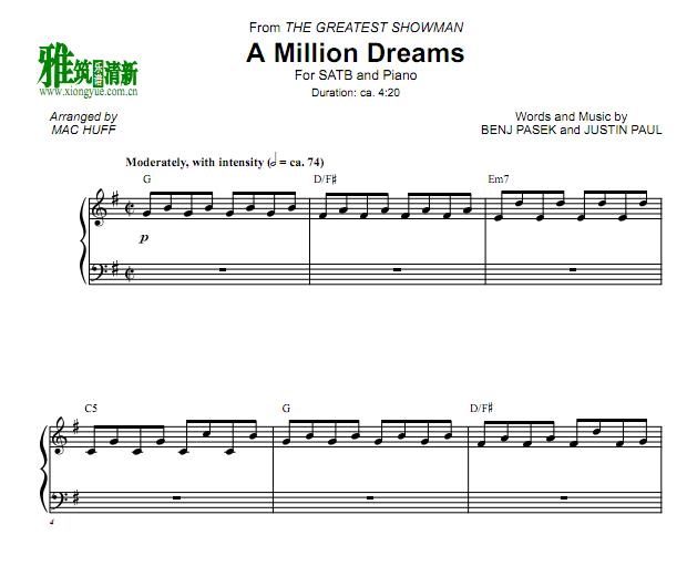 马戏之王 A Million Dreams 四声部SATB合唱钢琴伴奏谱1