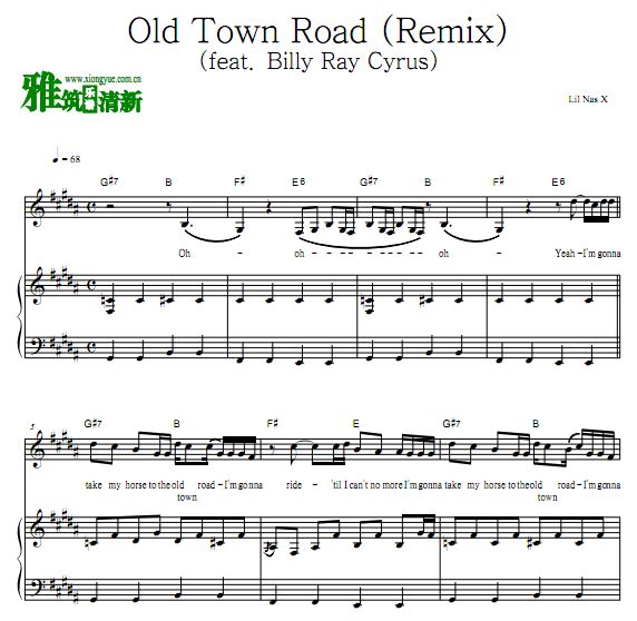 Lil Nas X (feat. Billy Ray Cyrus) - Old Town Road (Remix) 钢琴伴奏谱