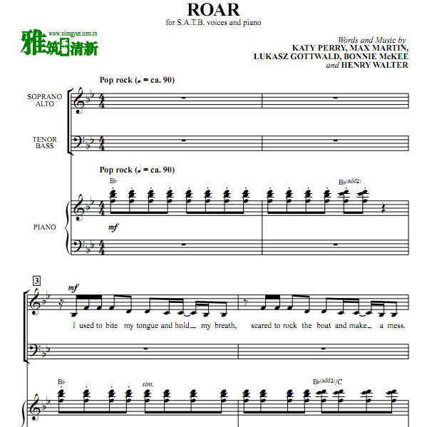 Katy Perry - Roar 四声部合唱谱+钢琴伴奏谱 SATB