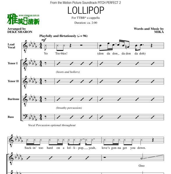 完美音调2 米卡Lollipop四声部男声合唱阿卡贝拉谱 TTBB