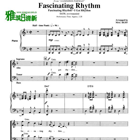 Gershwin－Fascinating Rhythm四声部SATB合唱钢琴伴奏谱
