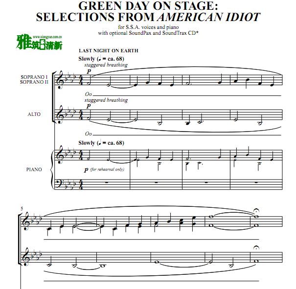 Green Day on Stage : Selections from American Idiot 三声部合唱钢伴谱 SSA