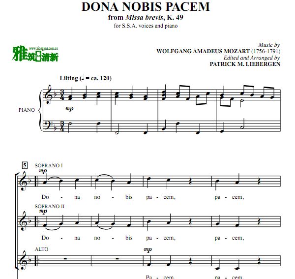 莫扎特 Dona Nobis Pacem 三声部SSA合唱谱钢琴伴奏谱 选自弥撒K.49