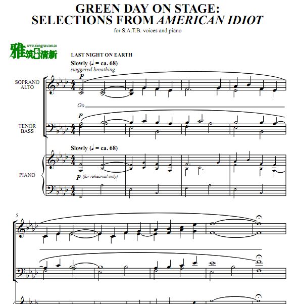 Green Day on Stage：Selections from American Idiot 四声部SATB合唱钢伴谱