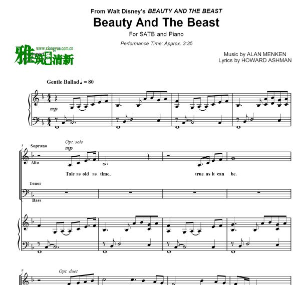 MAC HUFF编曲 美女与野兽主题曲四声部合唱钢琴伴奏谱Beauty and the Beast-SATB 