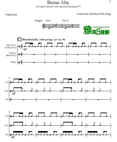 非洲赞比亚歌曲 Bonse Aba 二声部合唱打击乐伴奏谱