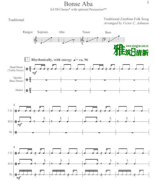 非洲赞比亚歌曲 Bonse Aba四声部合唱谱鼓谱