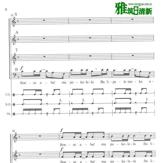 Bonse Aba 非洲赞比亚歌曲四声部合唱谱打击乐伴奏谱