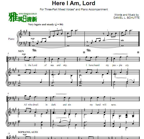 主啊!我在这里 Here I am, Lord! 三声部合唱钢琴伴奏谱 