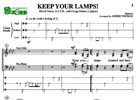 Keep Your Lamps 四声部SATB合唱打击乐伴奏谱