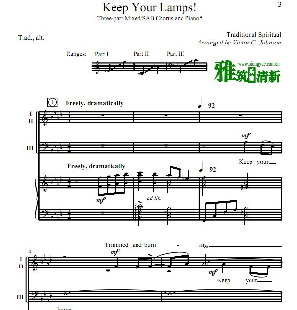 黑人灵歌合唱 Keep Your Lamps三声部 SAB合唱谱钢琴谱 