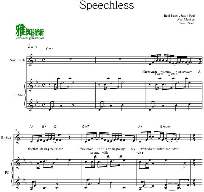 阿拉丁Aladdin - Speechless降B萨克斯钢琴伴奏谱