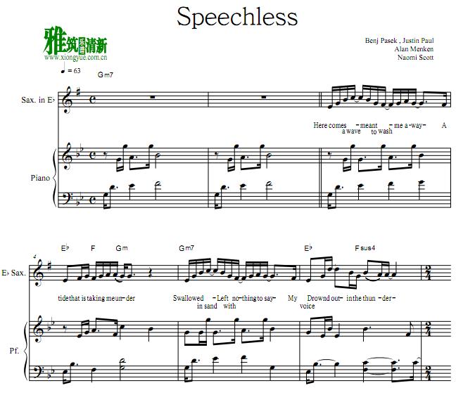 阿拉丁Aladdin  - Speechless降E萨克斯钢琴伴奏谱