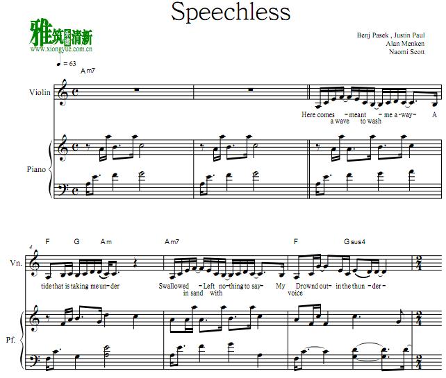 阿拉丁Aladdin - Speechless小提琴钢琴伴奏谱