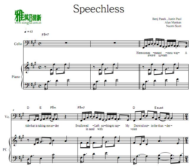 阿拉丁Aladdin - Speechless大提琴钢琴谱