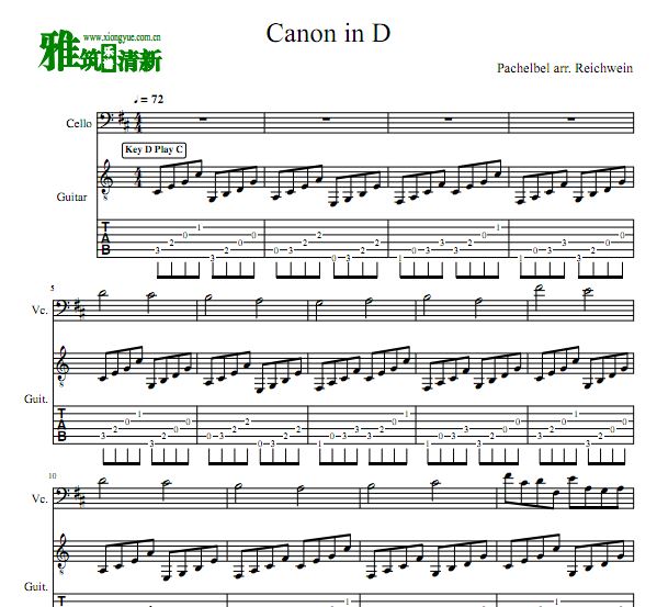 卡农Canon大提琴吉他合奏谱