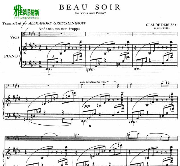 德彪西Beau Soir美丽的黄昏中提琴谱 钢琴伴奏谱