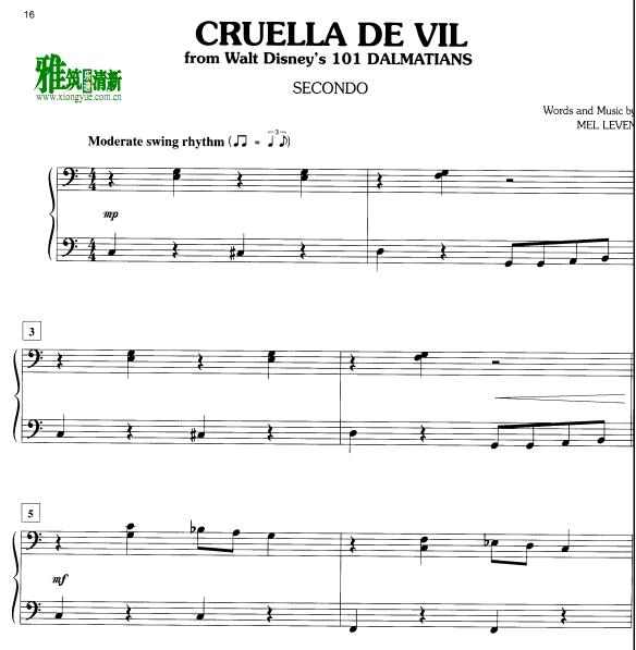 儿童四手联弹 CRUELLA DE VIL 四手联弹谱
